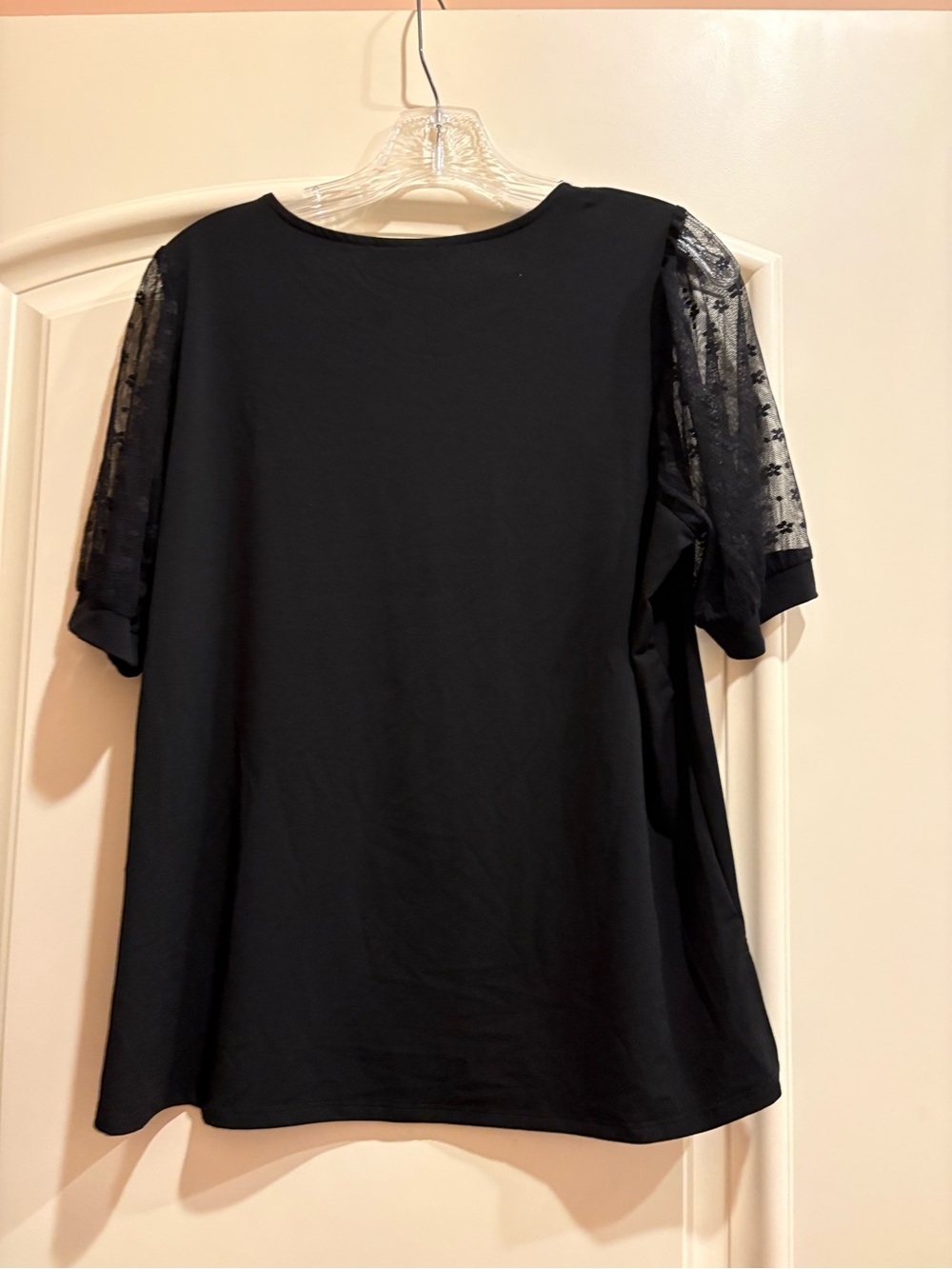 Adrianna Papell Black Short Sleeve Top with Lace Sheer Sleeves